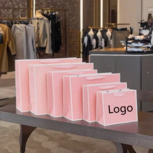 Logo Printed pink Paper Packaging Bags for Clothing Underwear Luxury Boutique Paper Shopping Bag with Handle