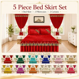 Luxury 5 Piece Bed Skirt Set with Matching Curtains King Size Quilted Bedding Set for USA Canada Market