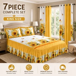 Luxury Floral Printed 7 Piece King Size Bedding Set with Bed Skirt and Curtains Quilted Bedspread Set Supplier
