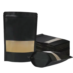 Luxury Rectangular Customized Laminated Black Kraft Paper Food Packaging Bags with Window Custom Made