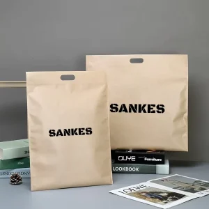 MOQ 100pcs Custom Thick Double-layer Laminated Packaging Bags Kraft Paper Waterproof Self Adhesive Bag with Handle for Clothing
