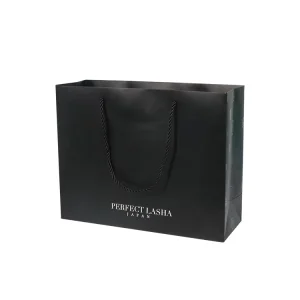 Matte Laminated Black Packaging Paper Bag with White logo Ribbon Handle Custom