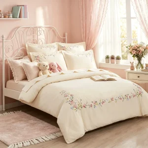 OEM ODM All Season Pastoral Style Floral Embroidery Bedding Set Breathable Cotton for Home Bedroom Use