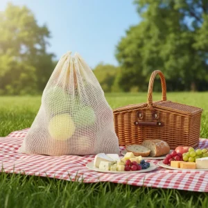 OEM ODM Reusable Vegetables Shopping Packaging Drawstring Organic Cotton Mesh Bag for Fruits
