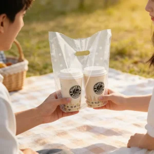 可生物降解一次性透明PP塑料方底外卖袋 适用于定制单/双杯奶茶、珍珠奶茶