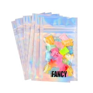 Plastic Holographic Recyclable Bags for Packing Candy Jelly Gummies Resealable Zip Lock Packaging 100mg Edible Logo Printed