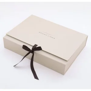Premium Hard Satin Ribbon Closure Slotted Boxes Recyclable Paperboard for Packaging Linen Bedding and Clothing