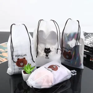 Printed Plastic Drawstring Bag Travel Storage Clear Frosted Plastic Packaging Bags for Clothing