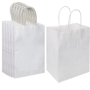 Rectangular Medium White Kraft Paper Bags Handles for Birthday Party Favors Business Takeout Use