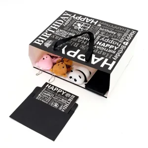 Recyclable Art Paper Birthday Gift Bags Custom Logo Black Print Party Bags With Ribbon Handles & Gift Cards