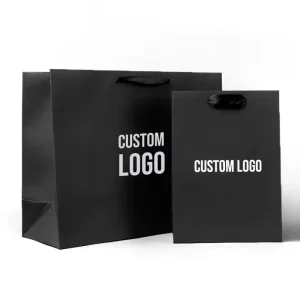 Recyclable Custom Brand Logo Plain Packaging Luxury Jewelry Clothing Black Gift Shopping Kraft Paper Bag With Handle