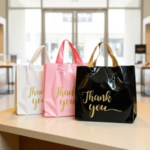 Recyclable Retail Custom Printed Logo Reusable Plastic Poly Tote Carrier Die Cut Shopping Gift Bags with Soft Loop Handles