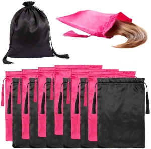 Satin Hair Storage Bag with Drawstring Tassel Fashion Packaging Dust Bag for Wigs Bundles Extensions Hair Tools 11.8×15.7Inch