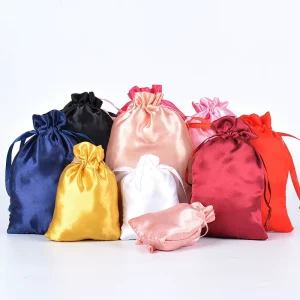 Satin Jewelry Drawstring Bag with Custom Embossed Logo Recyclable In Stock for Hair Cosmetic Party & Christmas Gift Packaging