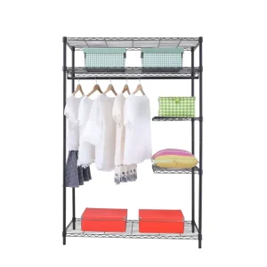Space Saving Epoxy Coated Black Wire Steel Garment Rack Heavy Duty Freestanding Clothing Storage Shelf for Bedroom Apartment