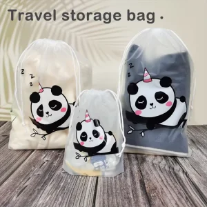 Trendy Frosted Friendly Drawstring Bags with Panda Design Waterproof Daily Use Toiletry Organizer for Cosmetics & Toiletries