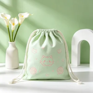 Unbleached Natural Canvas Cartoon Pattern Simple Foldable Drawstring Packaging Pouch Custom Eco Recyclable Retail Storage Bags