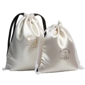 White Satin Shoe Drawstring Bag with Embossed Silk Screen Logo Customizable Pouch for Gift Use