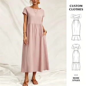 Women Pink Maxi Dress Short Sleeve Crew Neck Smocked Pockets Casual Summer Beach Flowy Minimalist CUSTOM CLOTHES