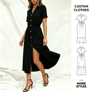 Women’s Shirt Dress Button Down Casual Midi Dress Short Sleeve Split Elegant Apparel ODM OEM Source Factory