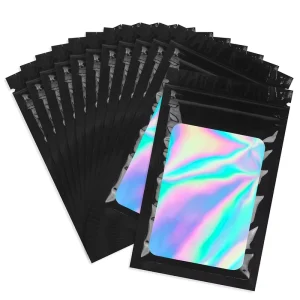 Zip Lock Sachet Resealable Holographic Pouch Mylar Black Siplock Window Bags