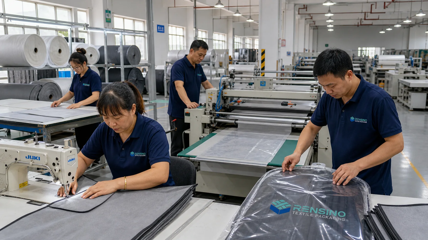 Chinese workers operating the Rensino textile packaging production line