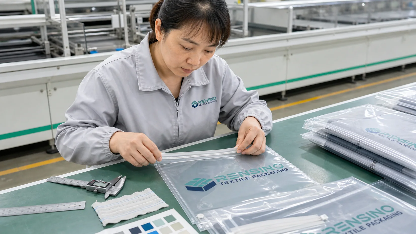 Rensino quality inspector checking zipper alignment and print registration