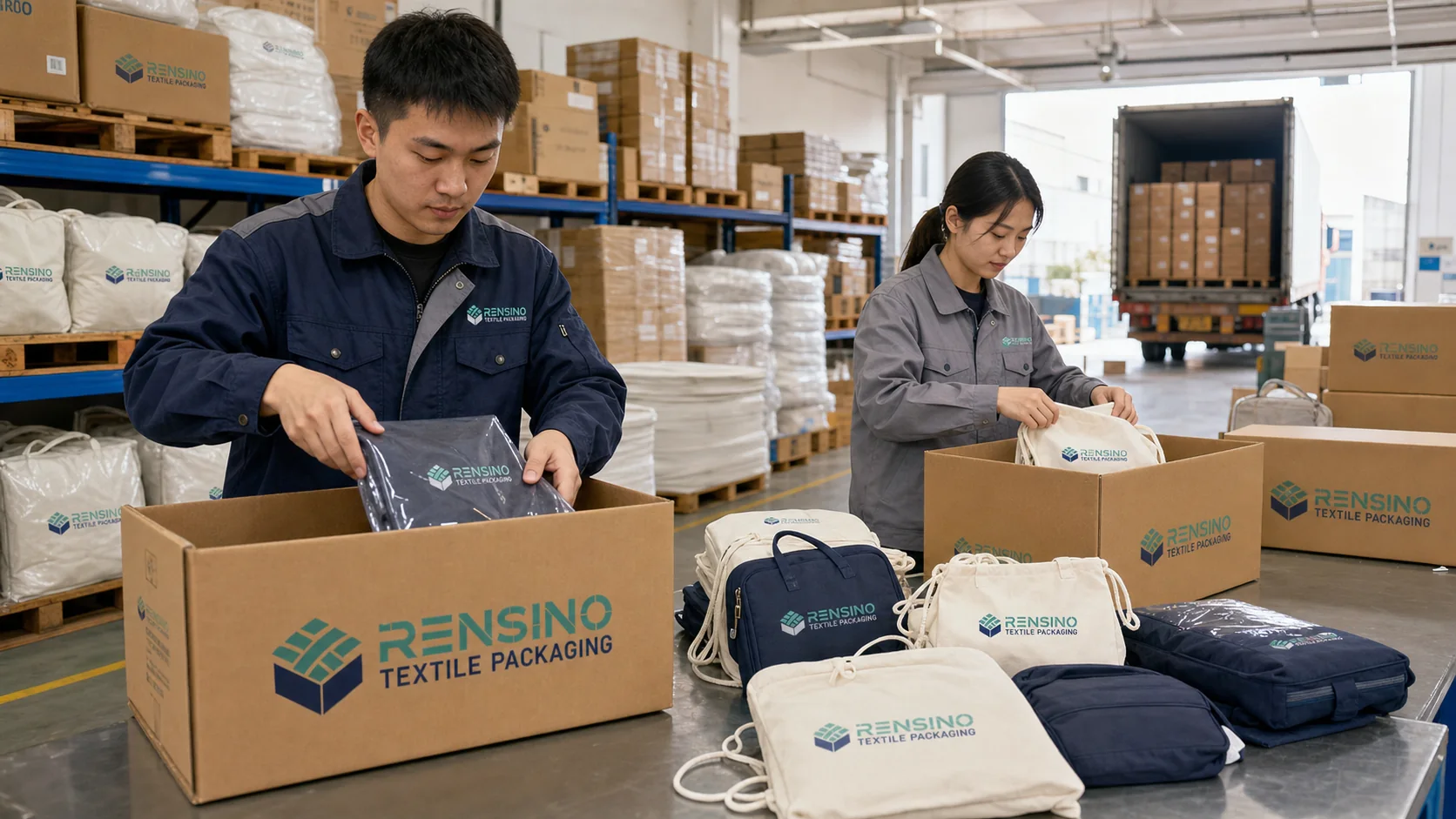 Rensino workers packing finished textile packaging products for dispatch