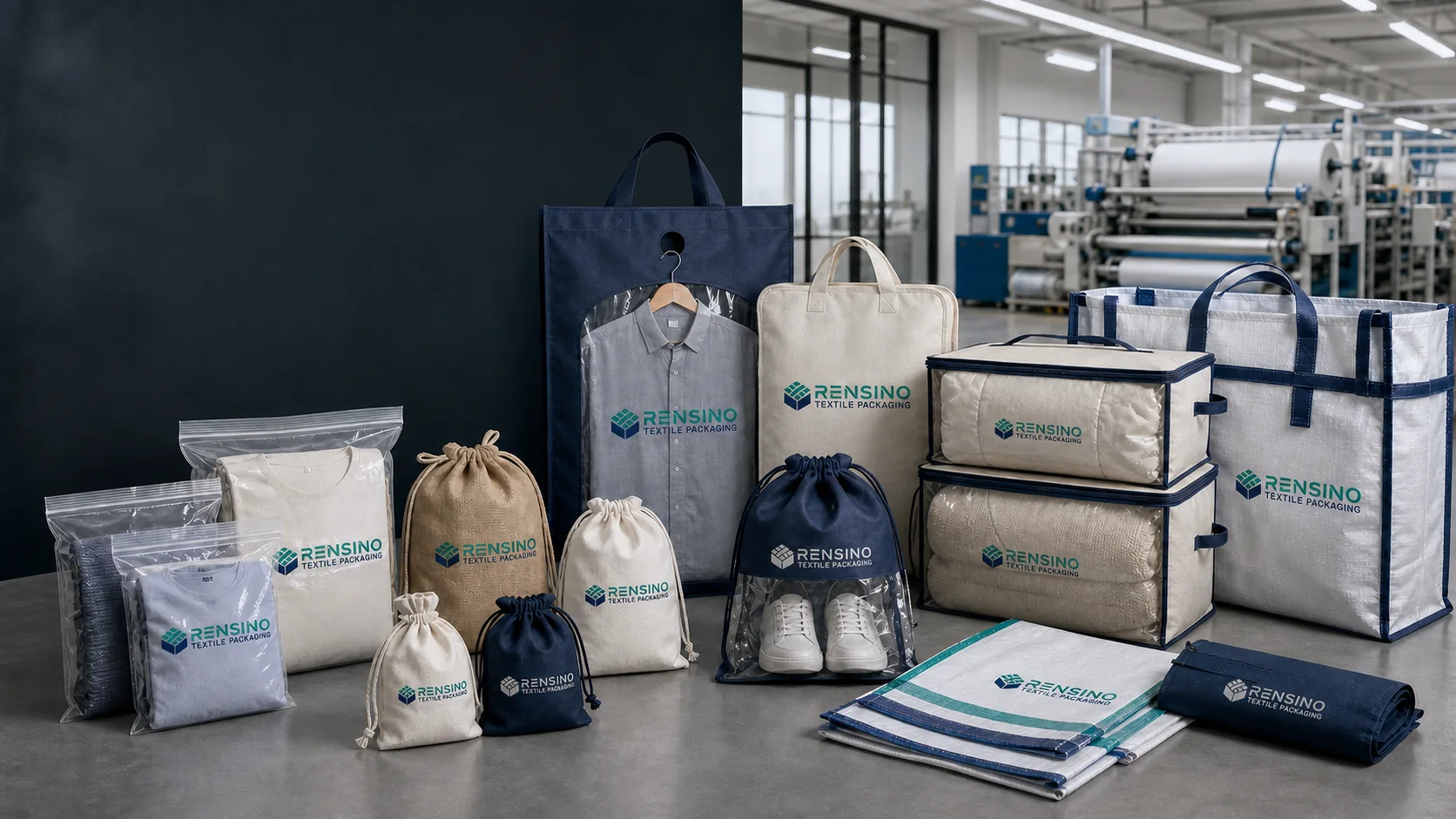 Rensino custom textile packaging collection for apparel, footwear and bedding