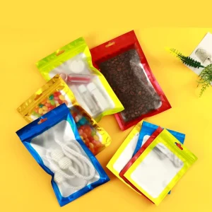 定制标志拉链锁防气味可重新密封食品级黑色金色绿色红色聚酯薄膜包，带透明窗口
